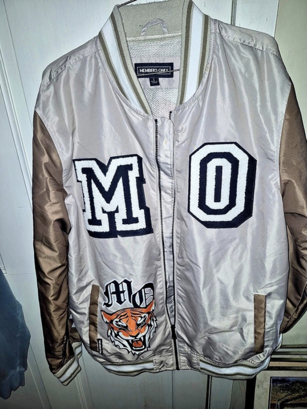 Members Only Graphic Varsity Bomber in Gray & Brown